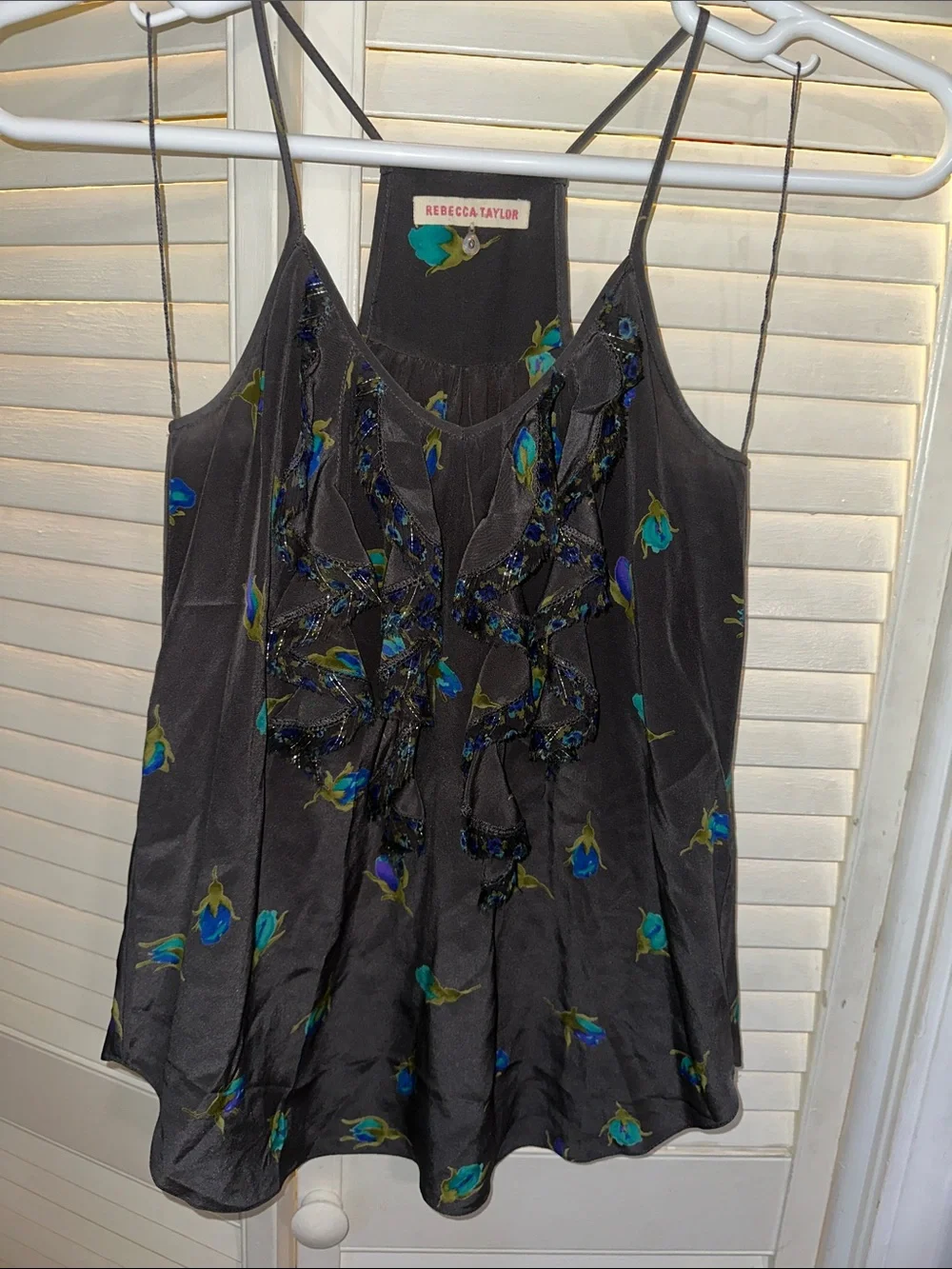 Rebecca Taylor Black Floral Beaded Silk Camisole with Teal & Blue Accents